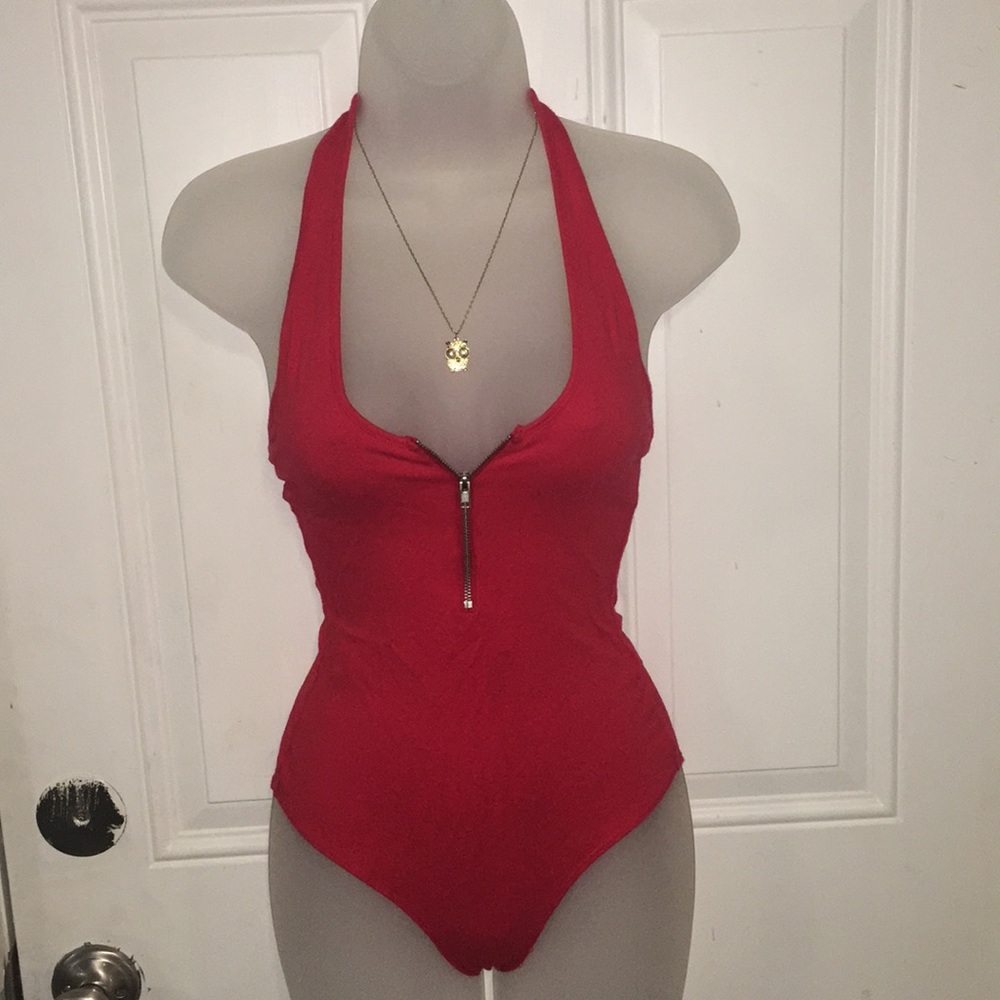 Red halter top bodysuit